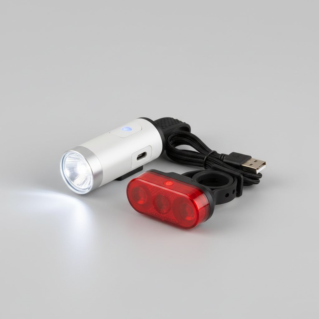 Foto realista de produto para e-commerce. Produto real, proporções corretas, enquadramento vertical (1:1 – formato padrão Shopify), iluminação de estúdio uniforme. Fundo neutro limpo, adequado ao produto, com espaço vazio no canto superior esquerdo. Produto centralizado, sem pessoas, sem textos. Alta resolução (mínimo 2000×2000 px), nitidez profissional, pronto para loja Shopify.
PRODUTO:Kit Luz LED para Bicicleta Recarregável (Dianteira + Traseira)