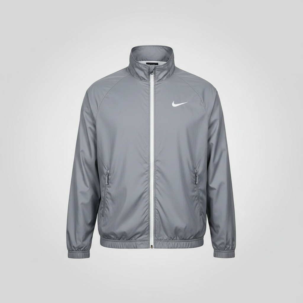 Foto realista de produto para e-commerce. Produto real, proporções corretas, enquadramento vertical (1:1 – formato padrão Shopify), iluminação de estúdio uniforme. Fundo neutro limpo, adequado ao produto, com espaço vazio no canto superior esquerdo. Produto centralizado, sem pessoas, sem textos. Alta resolução (mínimo 2000×2000 px), nitidez profissional, pronto para loja Shopify.
PRODUTO:Jaqueta Corta-Vento Esportiva NIKE, cinza