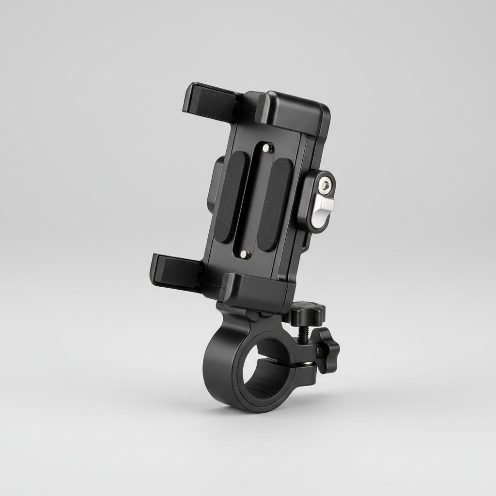 Foto realista de produto para e-commerce. Produto real, proporções corretas, enquadramento vertical (1:1 – formato padrão Shopify), iluminação de estúdio uniforme. Fundo neutro limpo, adequado ao produto, com espaço vazio no canto superior esquerdo. Produto centralizado, sem pessoas, sem textos. Alta resolução (mínimo 2000×2000 px), nitidez profissional, pronto para loja Shopify.
PRODUTO:Suporte de Celular para Guidão (Bicicleta)
